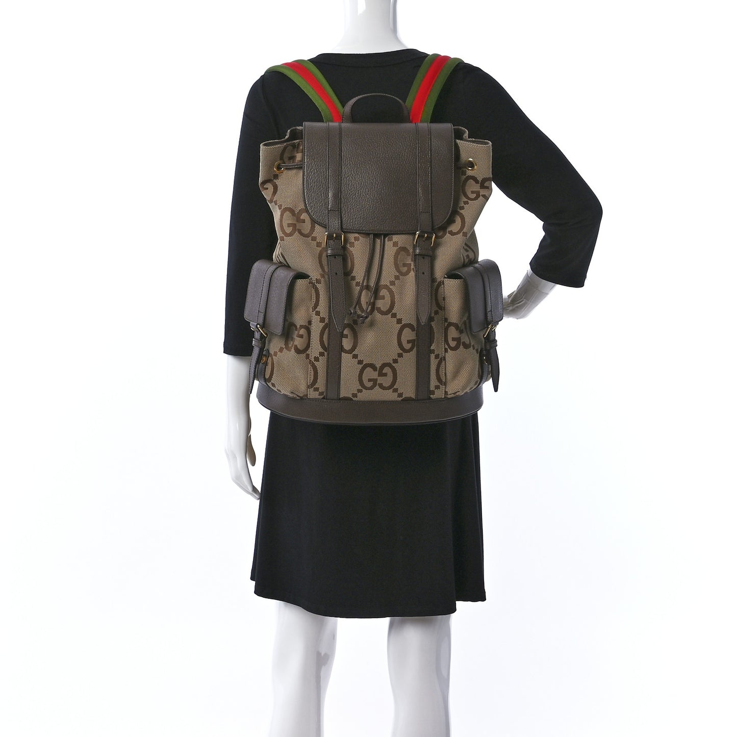 Monogram Jumbo GG Textured Dollar Calfskin Web Double Buckle Backpack Camel Ebony New Acero