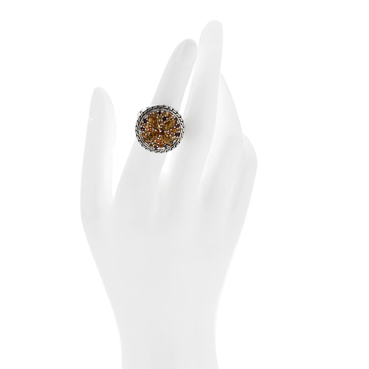 Sterling Silver 18K Yellow Gold Citrine Garnet Batu Kawung Ring 52 6