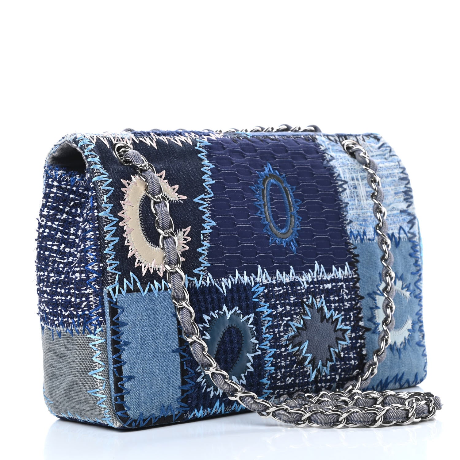 Chanel Denim Tweed Patchwork Jumbo Single Flap Blue 3 of 12