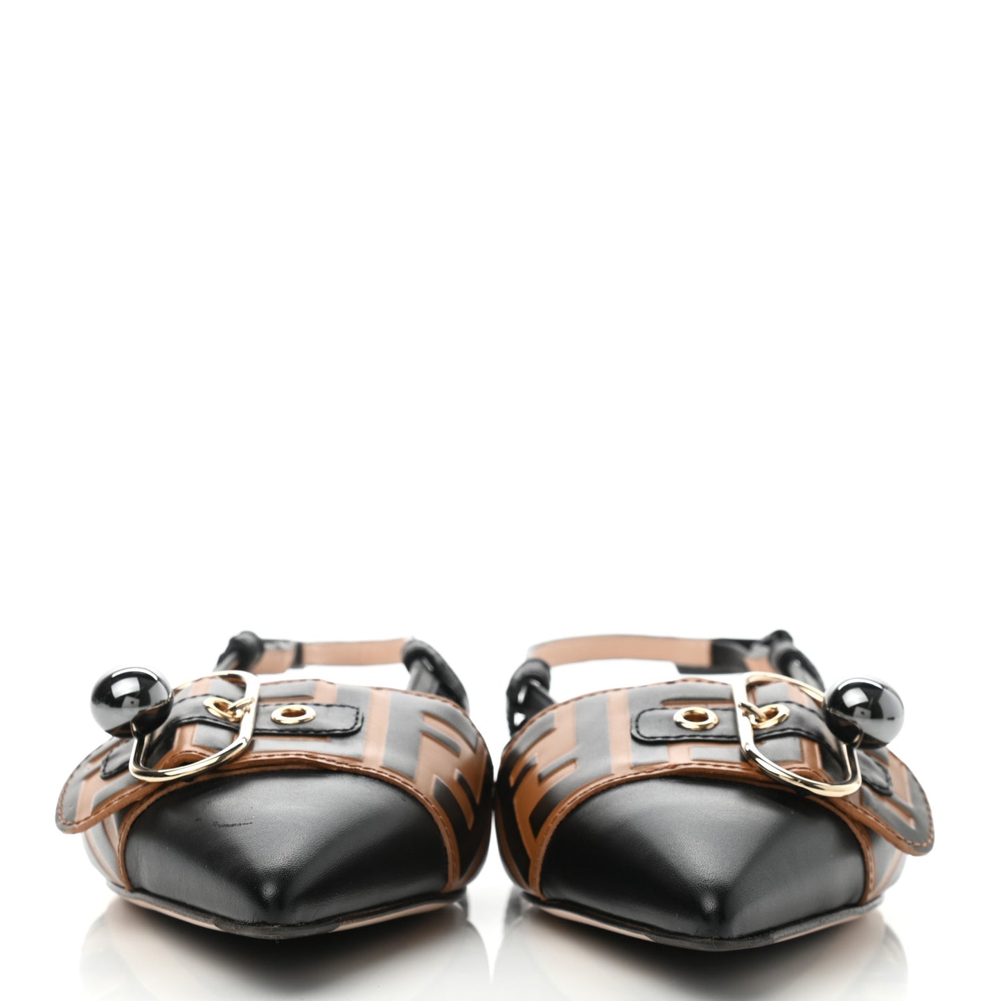 Vitello FF Embossed Pearland Decollete Aperta Slingback Flats 38 Black Tobacco Moro