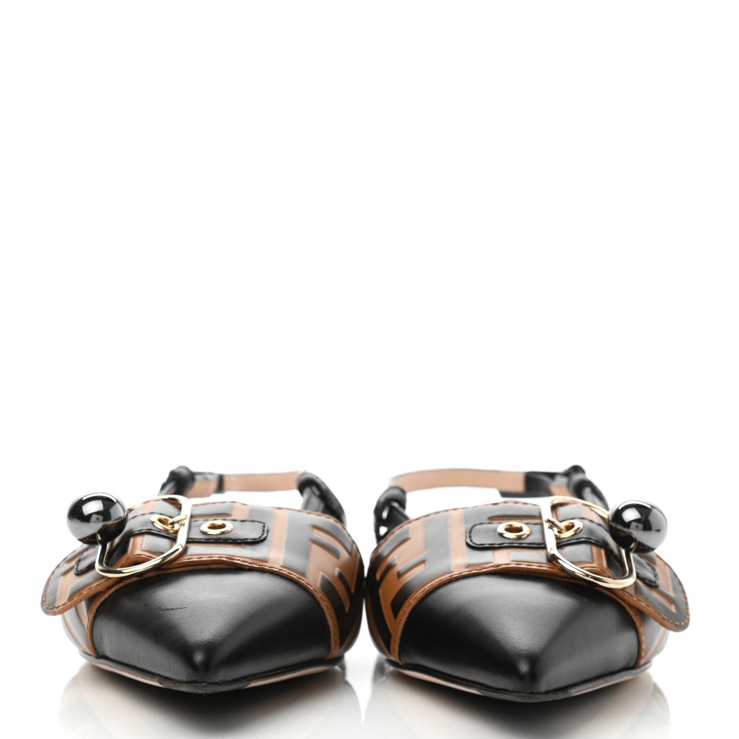 Fendi Vitello FF Embossed Pearland Decollete Aperta Slingback Flats 38 Black Tobacco Moro 2 of 7