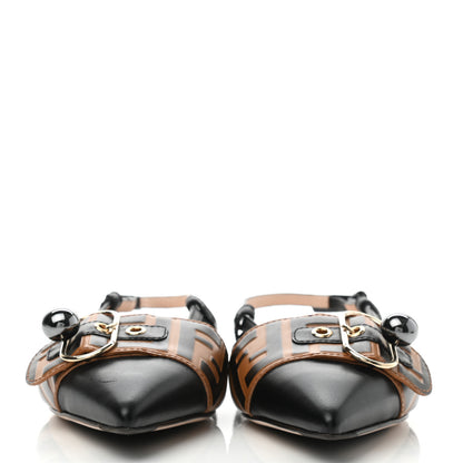Fendi Vitello FF Embossed Pearland Decollete Aperta Slingback Flats 38 Black Tobacco Moro 2 of 7