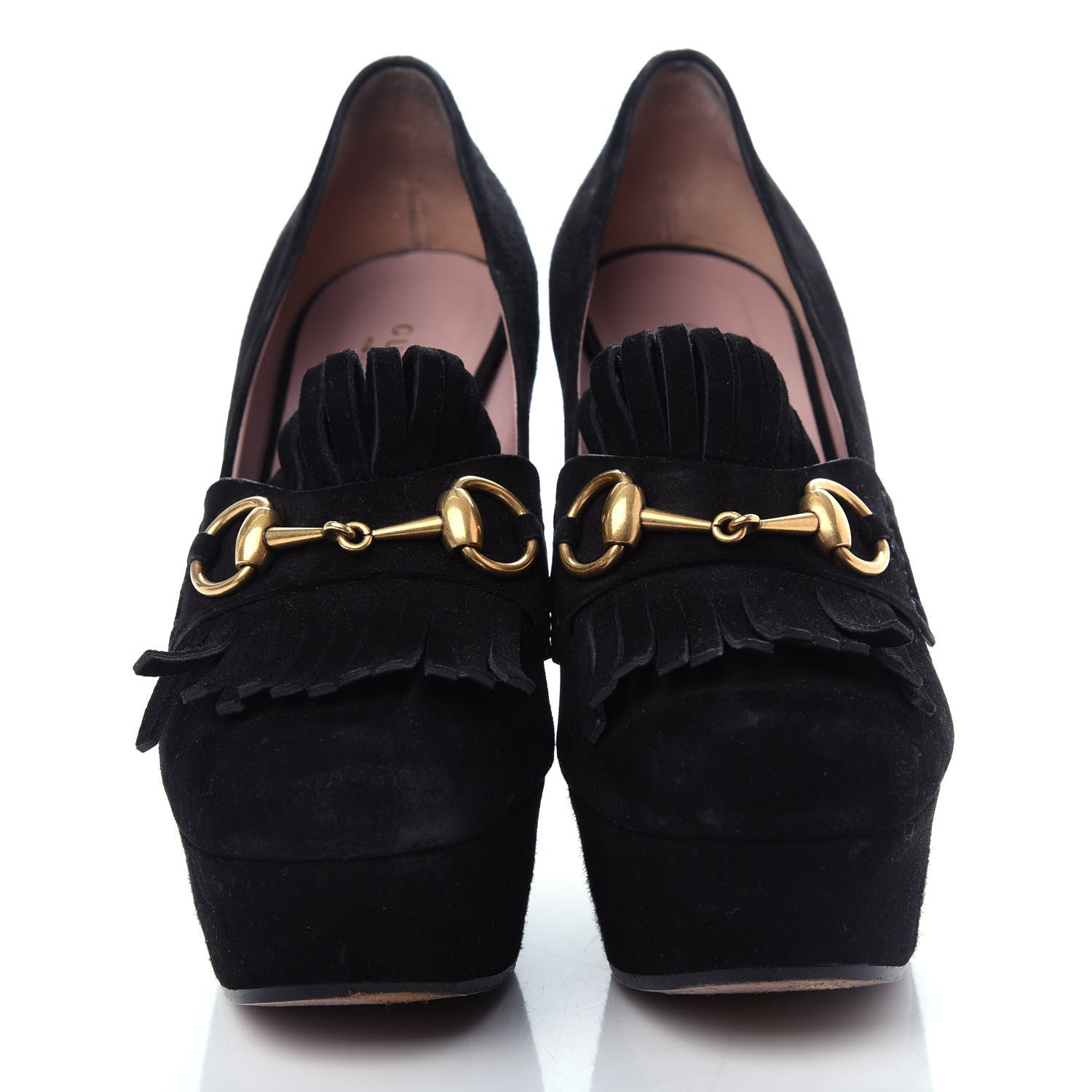 Gucci Kid Scamosciato Horsebit Fringe Loafer Pumps 37.5 Black 5 of 10