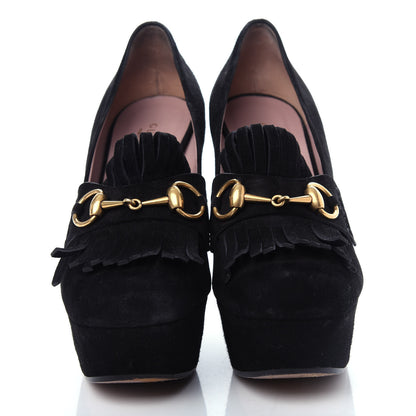 Gucci Kid Scamosciato Horsebit Fringe Loafer Pumps 37.5 Black 5 of 10