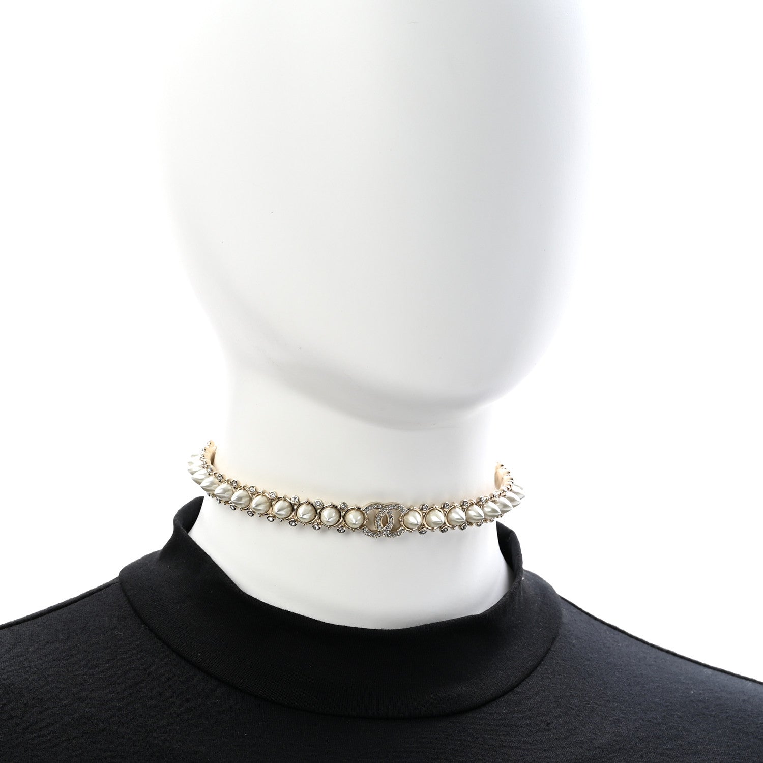 Chanel Strass Crystal Studded Pearl CC Choker Necklace Gold Pearly White 2 of 6