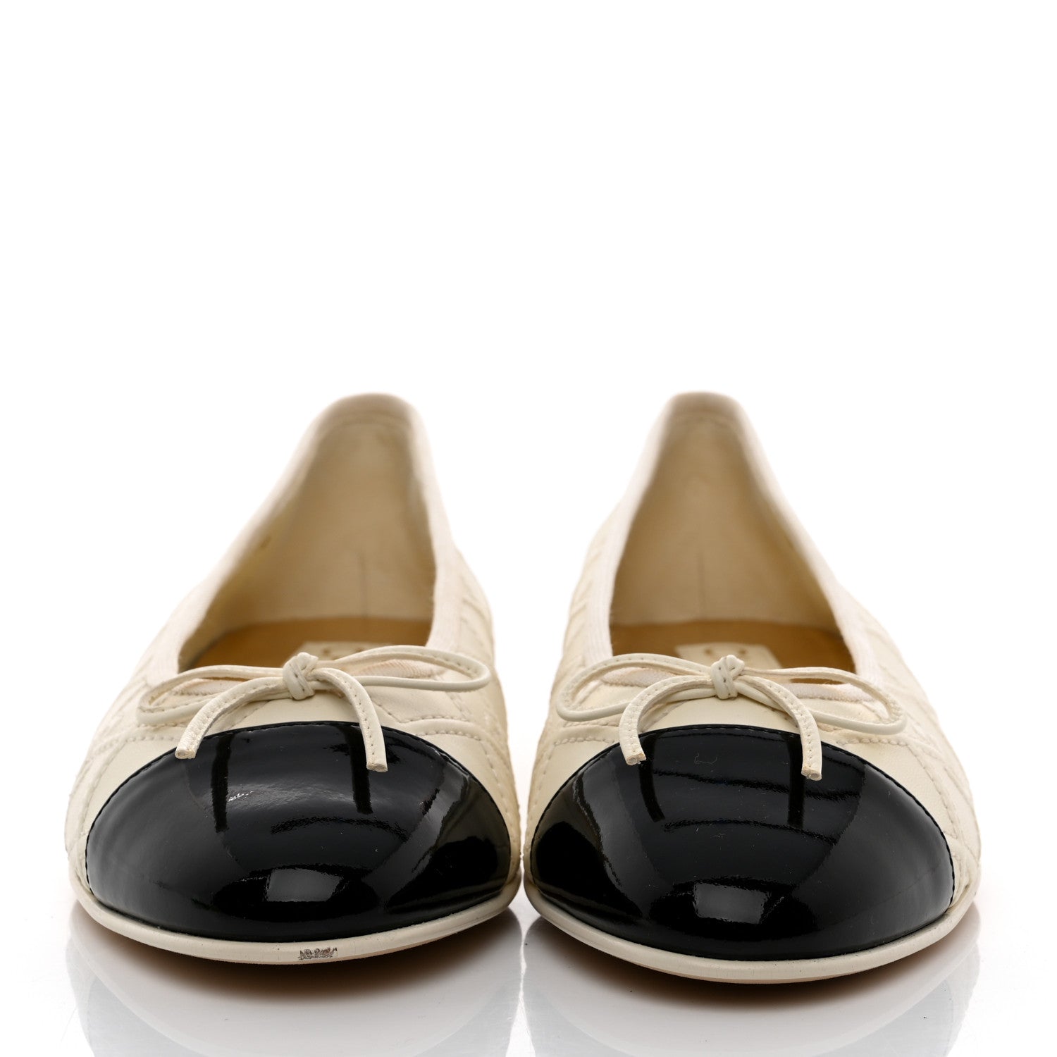Chanel Lambskin Patent Double Stitched CC Cap Toe Ballerina Flats 39 Ivory Black 2 of 16