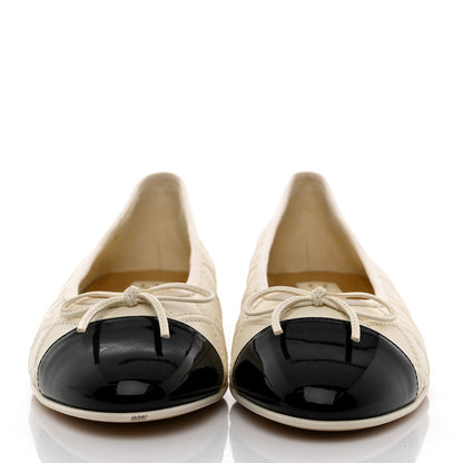 Chanel Lambskin Patent Double Stitched CC Cap Toe Ballerina Flats 39 Ivory Black 2 of 16