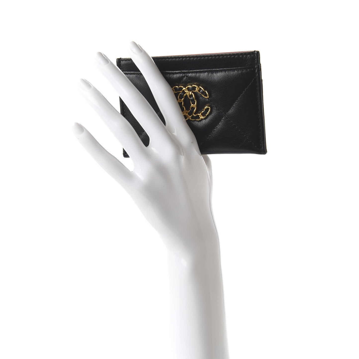 Shiny Goatskin Quilted Chanel 19 Card Holder Black
