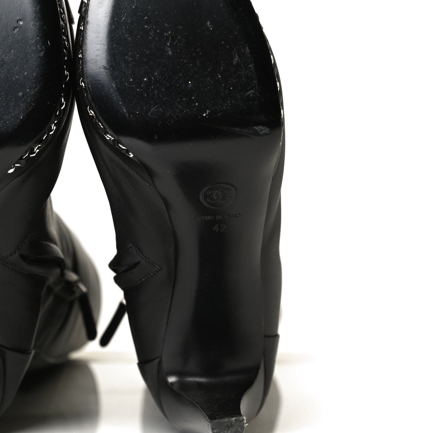 Lambskin CC Platform Cap Toe Chain Knee High Boots 42 Black