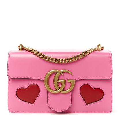 Gucci Knight Calfskin Malaga Kid Heart Medium GG Marmont Chain Handle Bag Tropical Pink Flower Hibiscus Red Multicolor 1 of 11