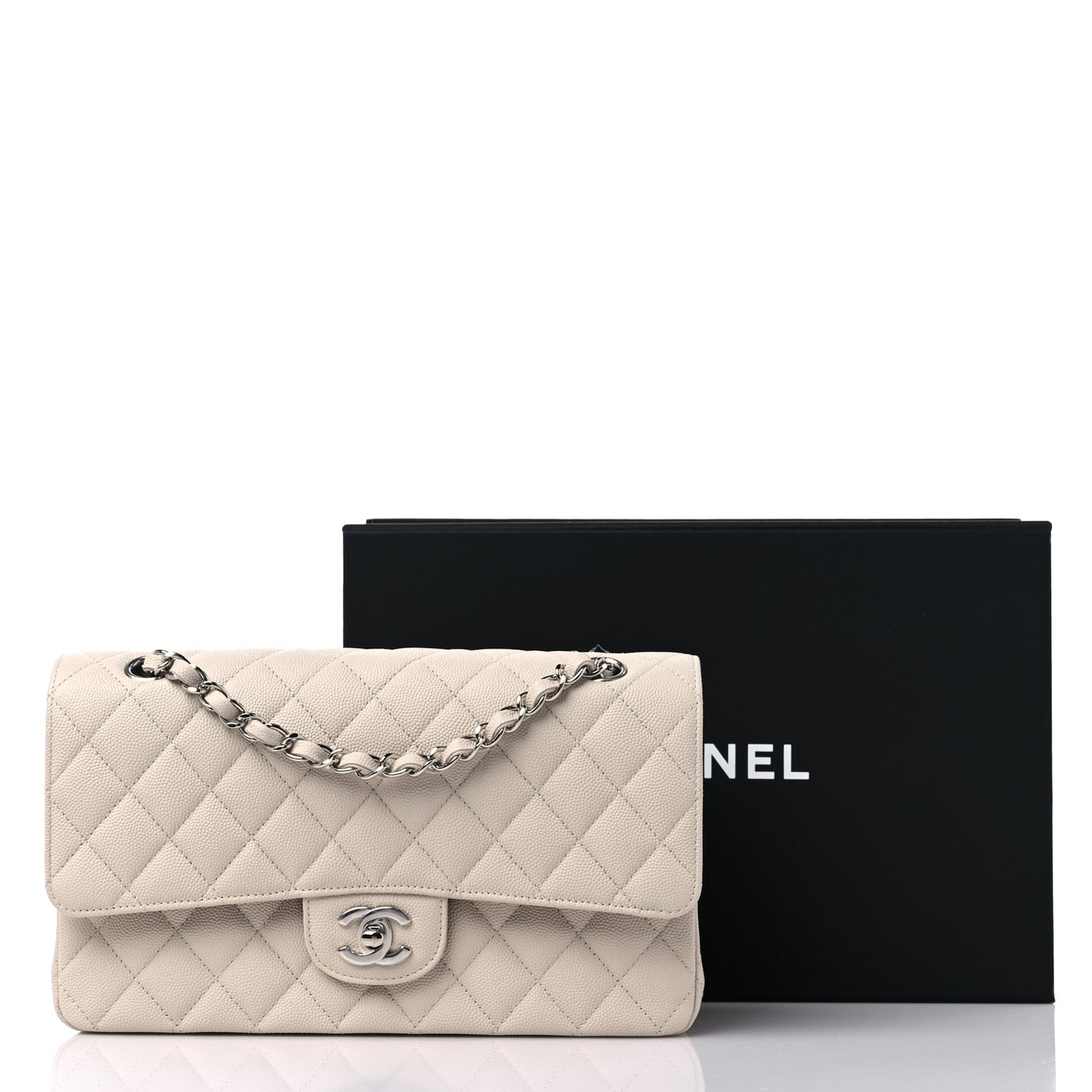 Caviar Quilted Medium Double Flap Light Beige
