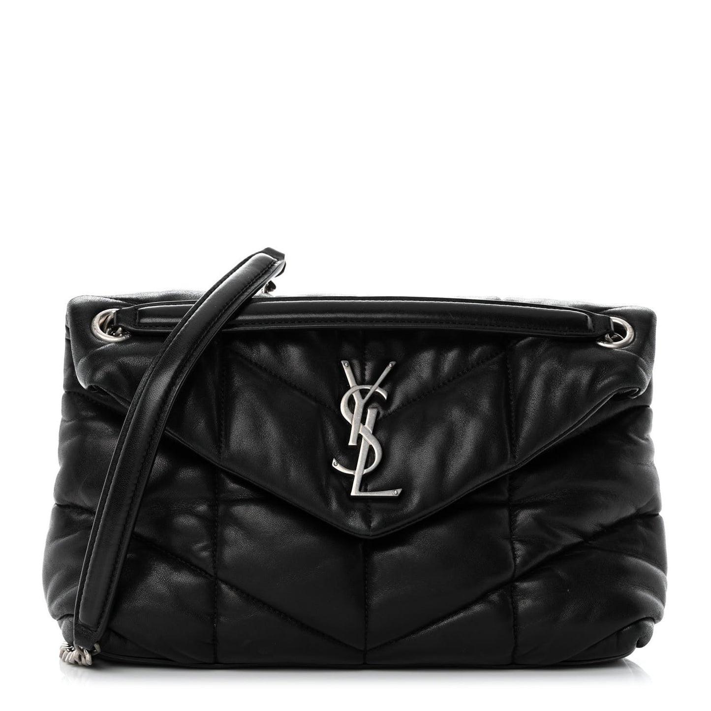 Lambskin Quilted Small Loulou Puffer Monogram Chain Satchel Black