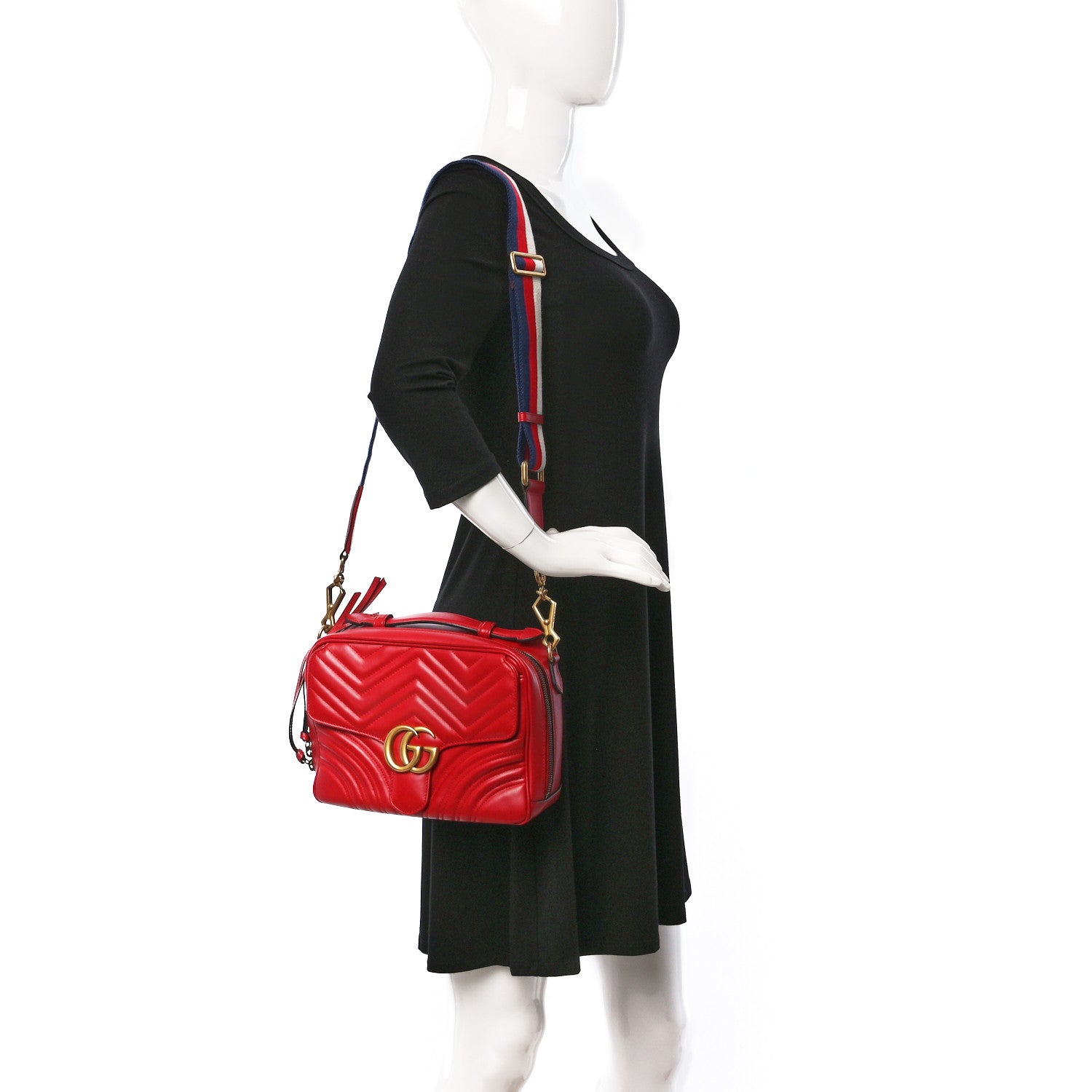 Gucci Calfskin Matelasse Sylvie Web Small GG Marmont Top Handle Shoulder Bag Hibiscus Red 2 of 13