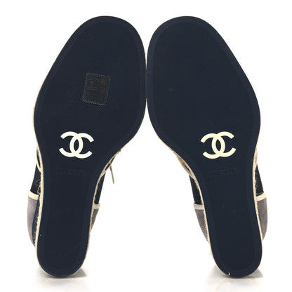 Chanel Silk Crepe Suede Calfskin Lace Up Wedge Espadrilles 39 Navy Grey 6 of 8