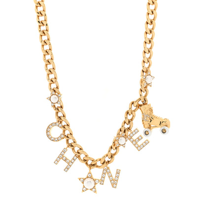 Chanel Crystal Pearl Star Rollerblade Logo Necklace Gold 1 of 5
