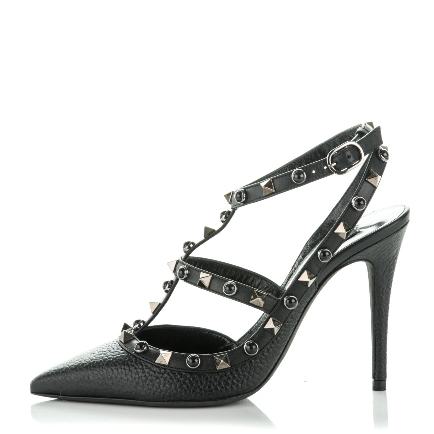 Valentino Garavani Pebbled Calfskin Onyx Rockstud Rolling Ankle Strap 100mm Pumps 35 Black 1 of 7
