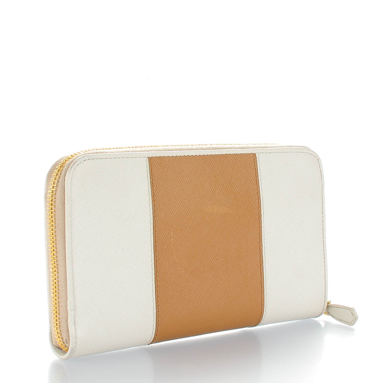 Prada Saffiano Bi-Color Metal Zip Around Wallet Talco Caramel 3 of 9