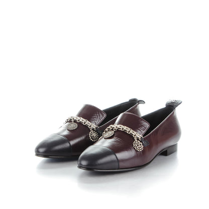 Chanel Crackled Goatskin Lambskin Cap Toe CC Charm Moccasin Loafers 37.5 Dark Burgundy Navy 3 of 7