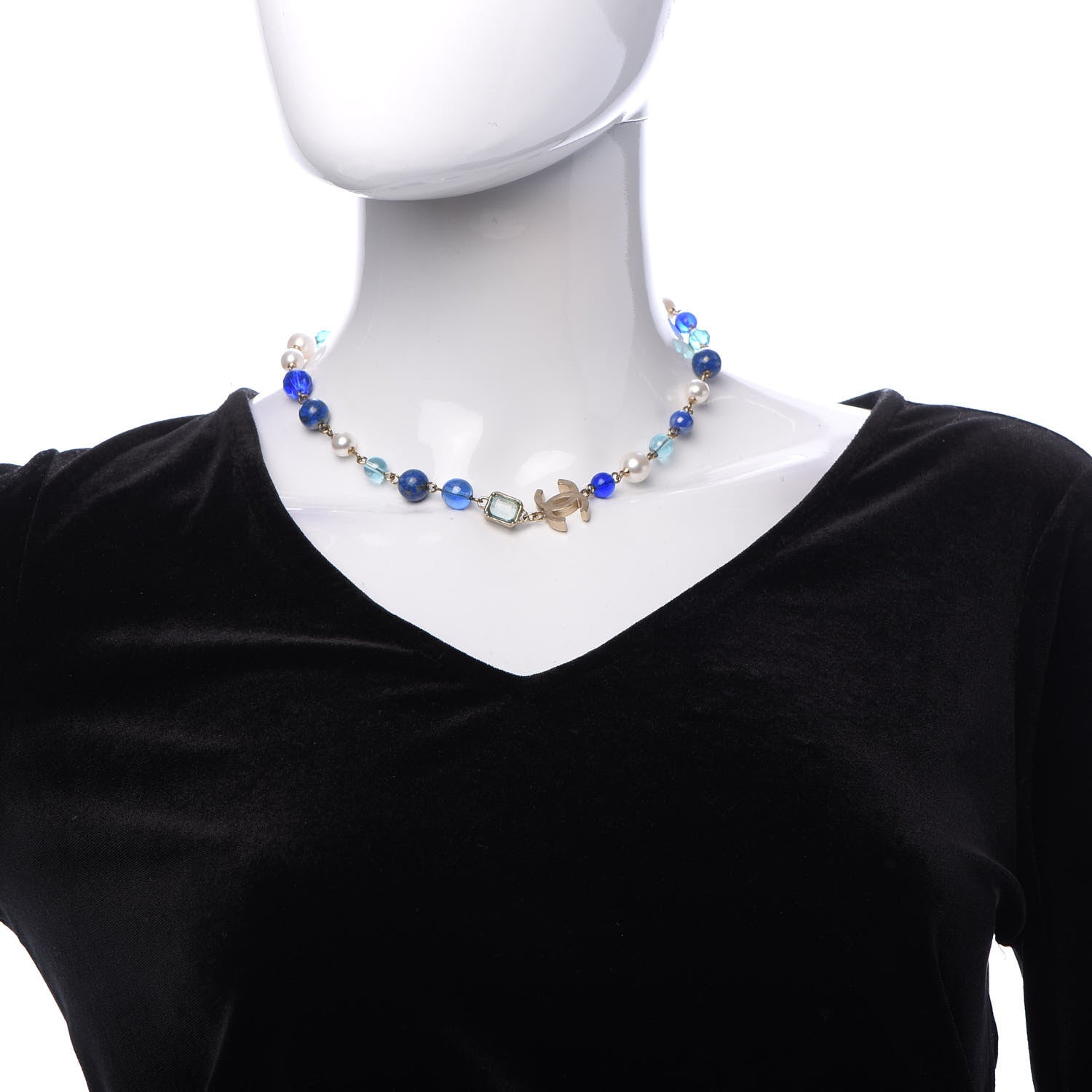 Chanel Ruthenium Pearl Beaded CC Short Necklace Silver Blue 2 of 6