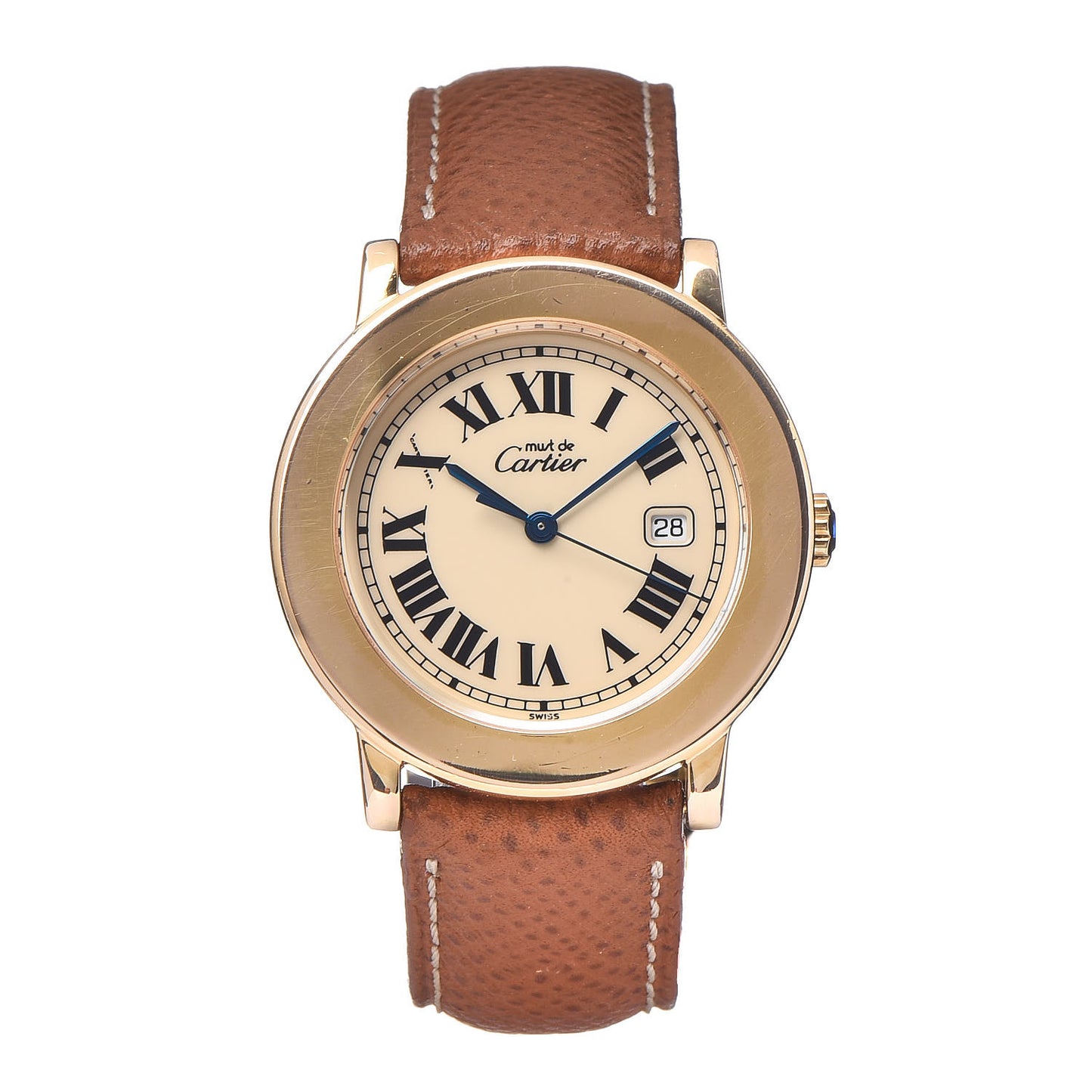 Sterling Silver 18K Yellow Gold Calfskin 32mm Ronde Must De Cartier Quartz Watch Brown