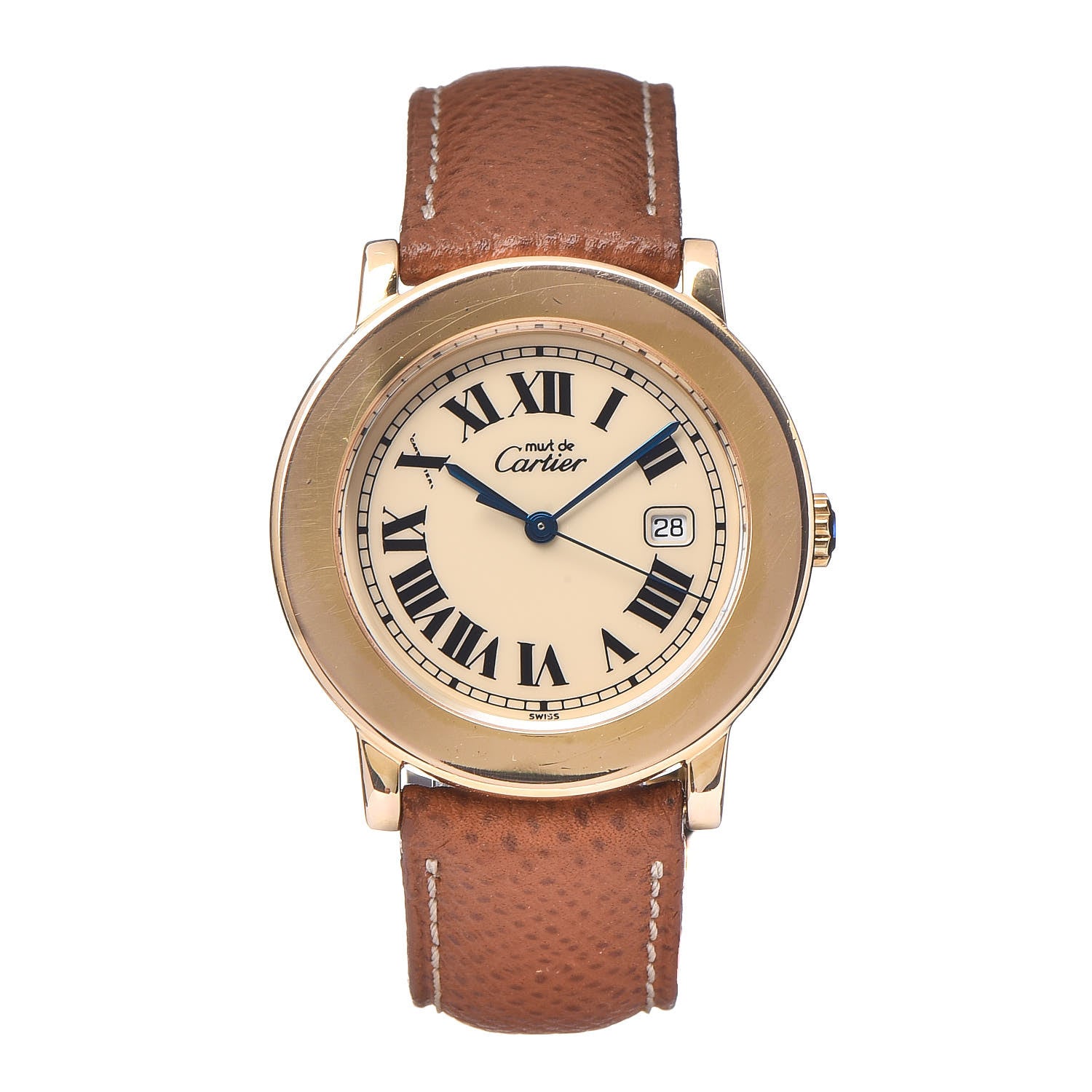 Cartier Sterling Silver 18K Yellow Gold Calfskin 32mm Ronde Must De Cartier Quartz Watch Brown 1 of 9