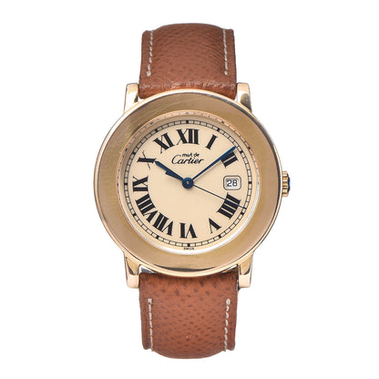 Cartier Sterling Silver 18K Yellow Gold Calfskin 32mm Ronde Must De Cartier Quartz Watch Brown 1 of 9