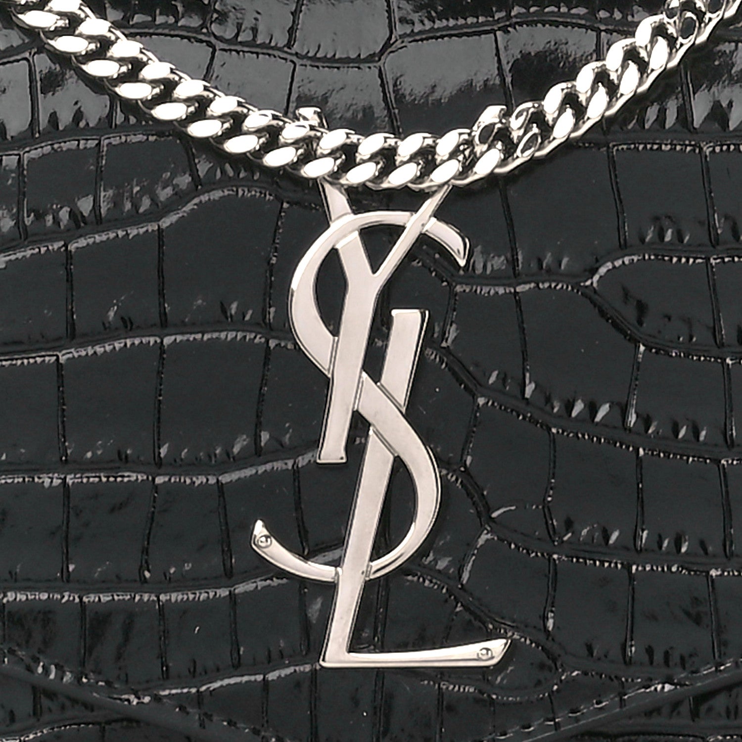 Saint Laurent Calfskin Crocodile Embossed Monogram Uptown Chain Wallet Black 11 of 13