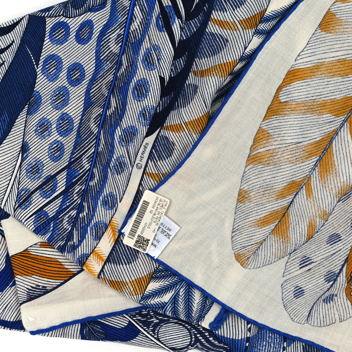 Cashmere Silk Plumes En Fete Shawl 140 White Bleu Gold