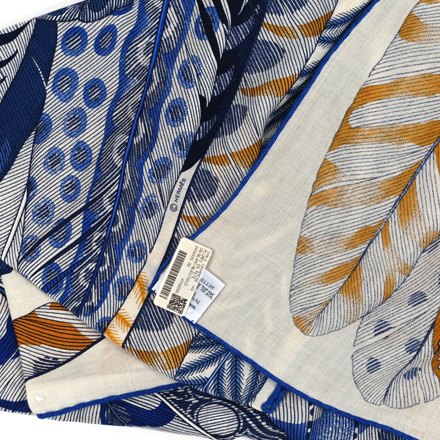 Hermes Cashmere Silk Plumes En Fete Shawl 140 White Bleu Gold 3 of 3