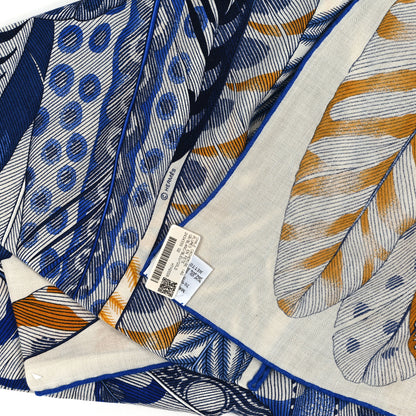 Hermes Cashmere Silk Plumes En Fete Shawl 140 White Bleu Gold 3 of 3