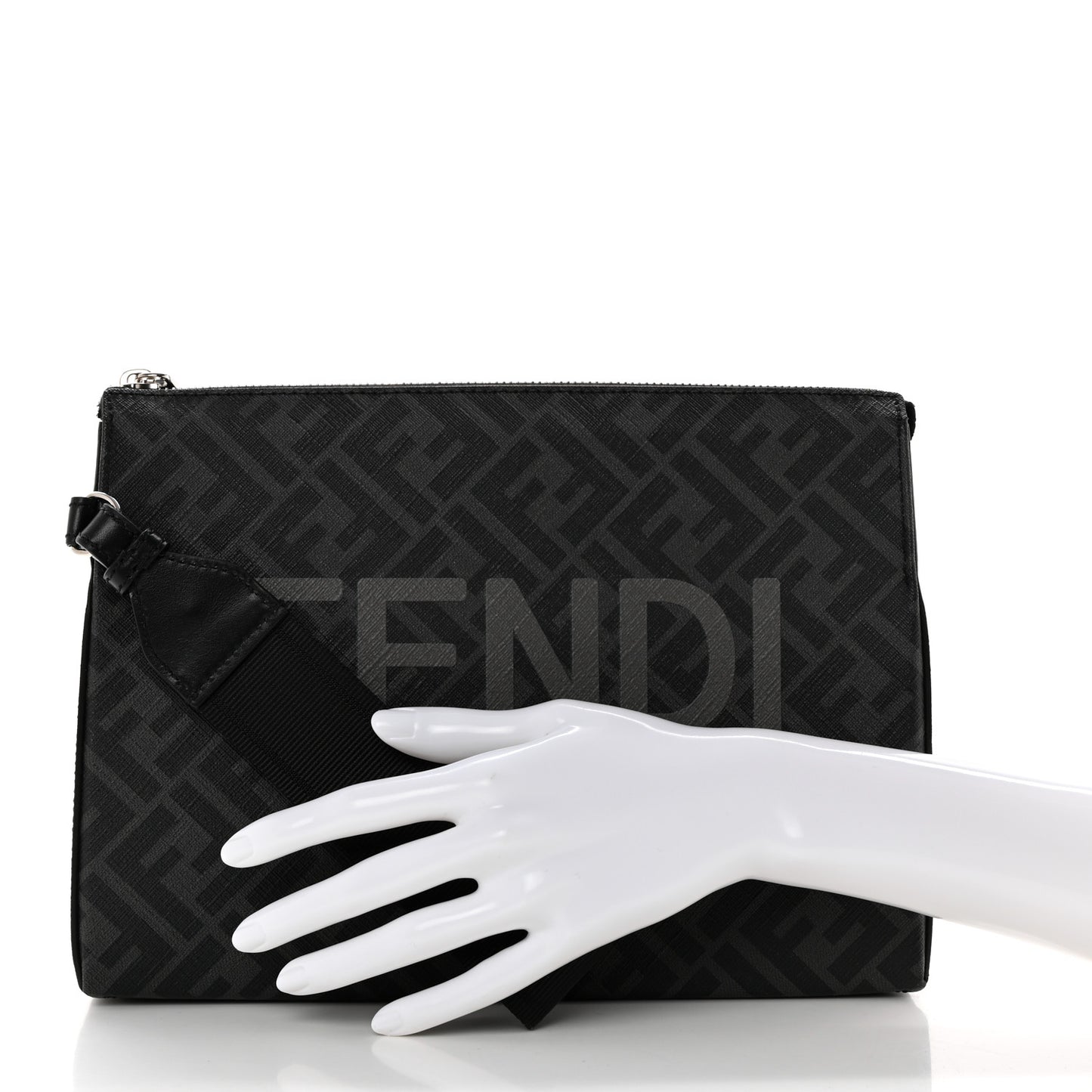 Shiny Glazed Fabric Vitello Cover FF 1974 Logo Clutch Black
