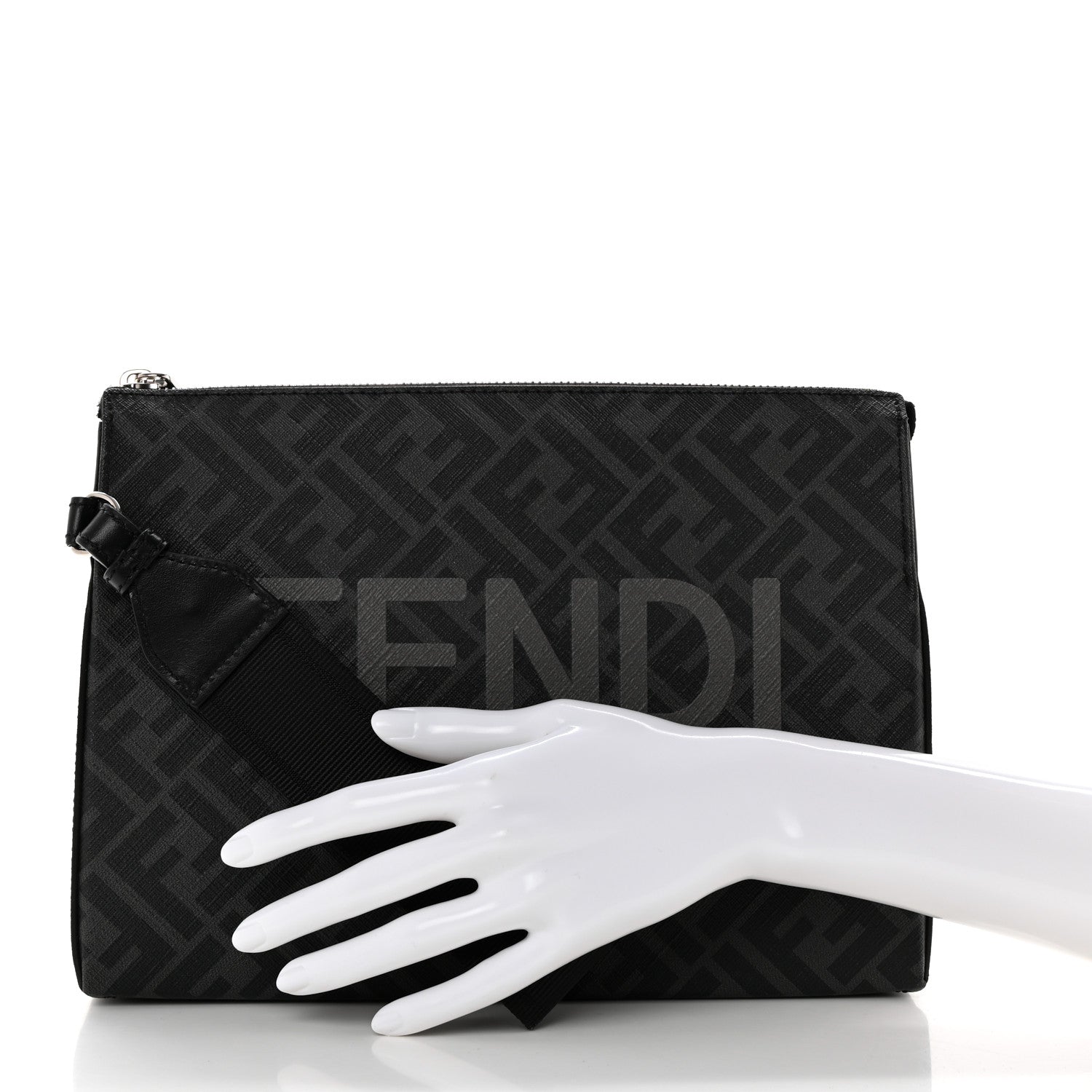 Fendi Shiny Glazed Fabric Vitello Cover FF 1974 Logo Clutch Black 2 of 7