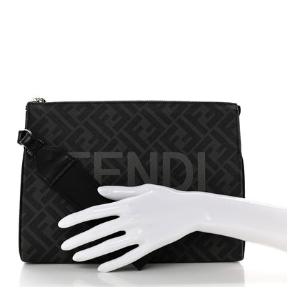 Fendi Shiny Glazed Fabric Vitello Cover FF 1974 Logo Clutch Black 2 of 7
