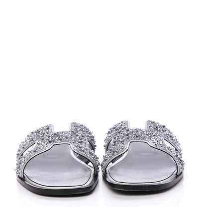 Hermes Suede Goatskin Crystal Oran Sandals 39.5 Gris Argente 2 of 10