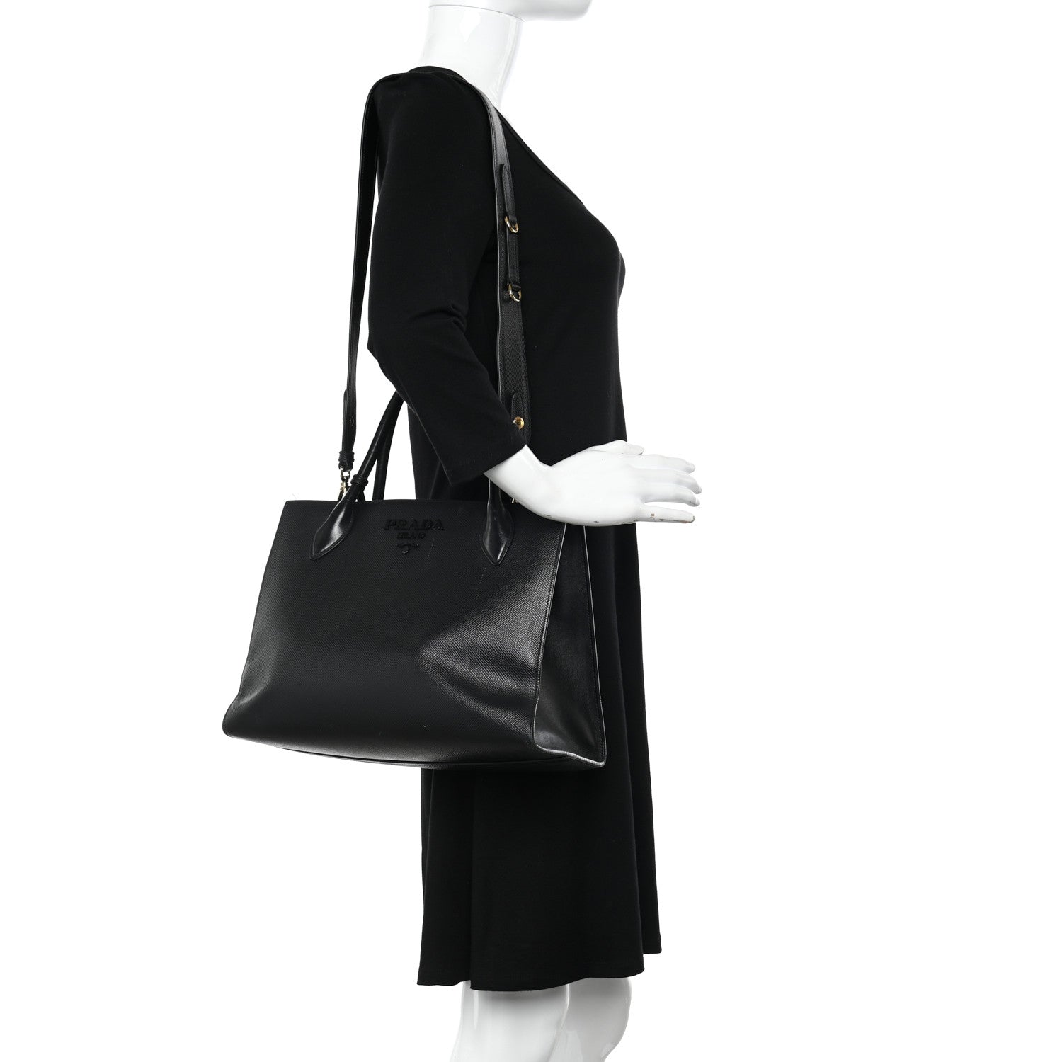 Prada Saffiano Cuir Calfskin Medium Monochrome Top Handle Tote Black 2 of 12