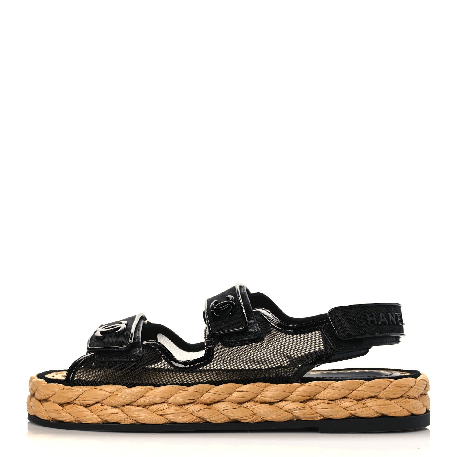 Chanel Mesh Patent Calfskin Velcro Dad Sandals 37 Black 1 of 9