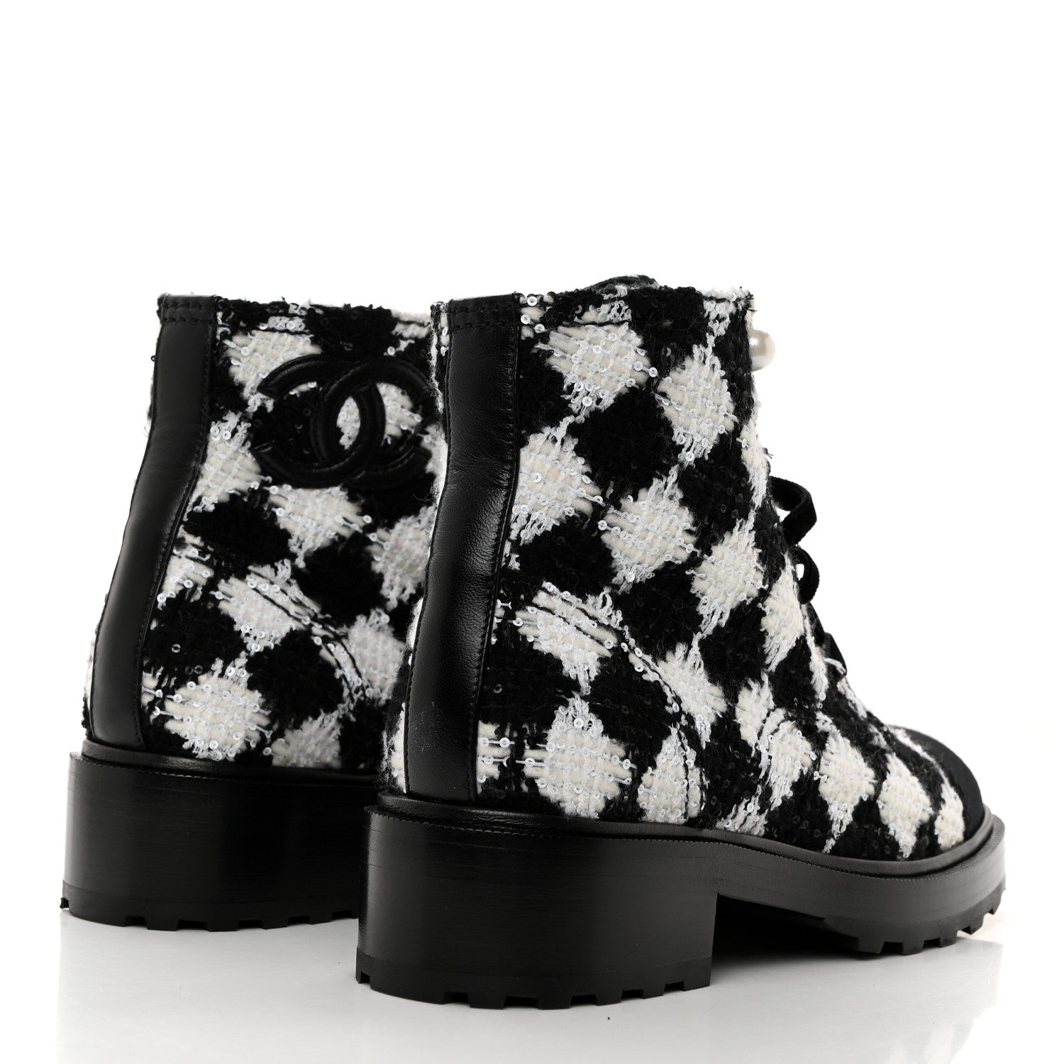 Chanel Tweed Grosgrain Pearl Combat Short Boots 38.5 White Black 4 of 9
