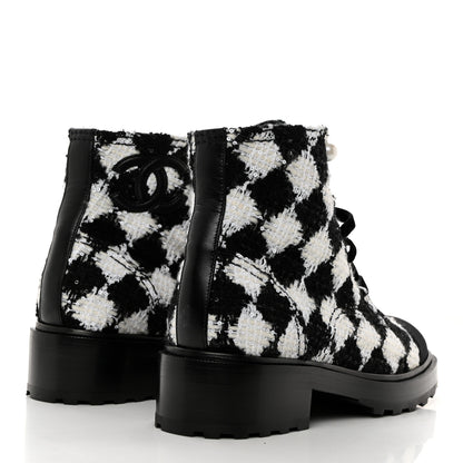 Chanel Tweed Grosgrain Pearl Combat Short Boots 38.5 White Black 4 of 9