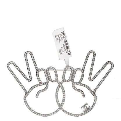 Chanel Strass Crystal Peace Sign Emoji Brooch Silver 1 of 5