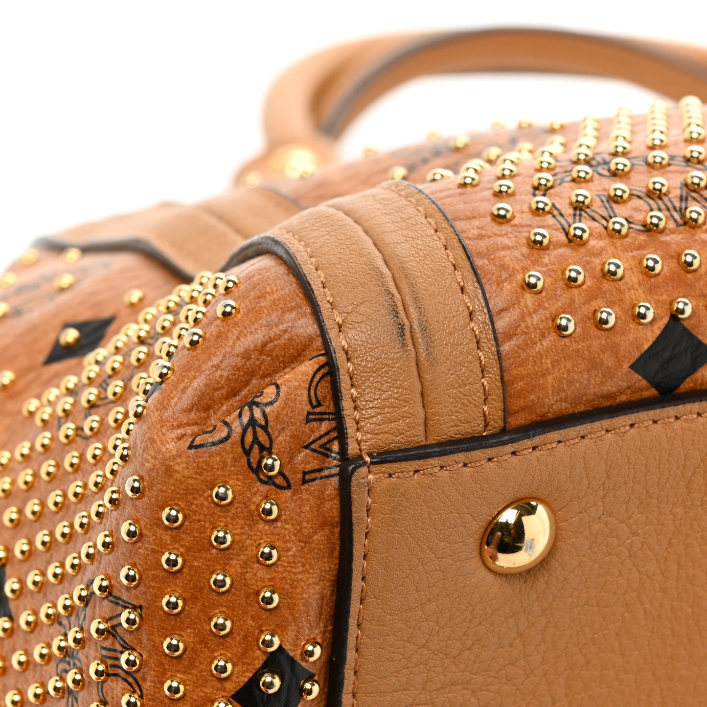 Visetos Studded Boston Satchel Cognac
