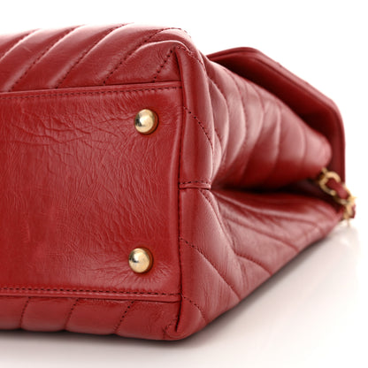 Chanel Aged Calfskin Chevron Quilted Large Coco Handle Flap Red 10 of 16
