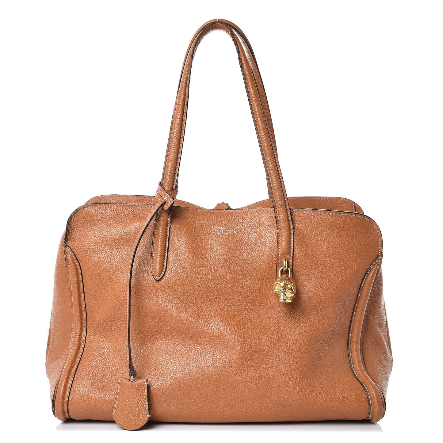 Pebbled Calfskin Large Skull Padlock Zip Around Tote Camel