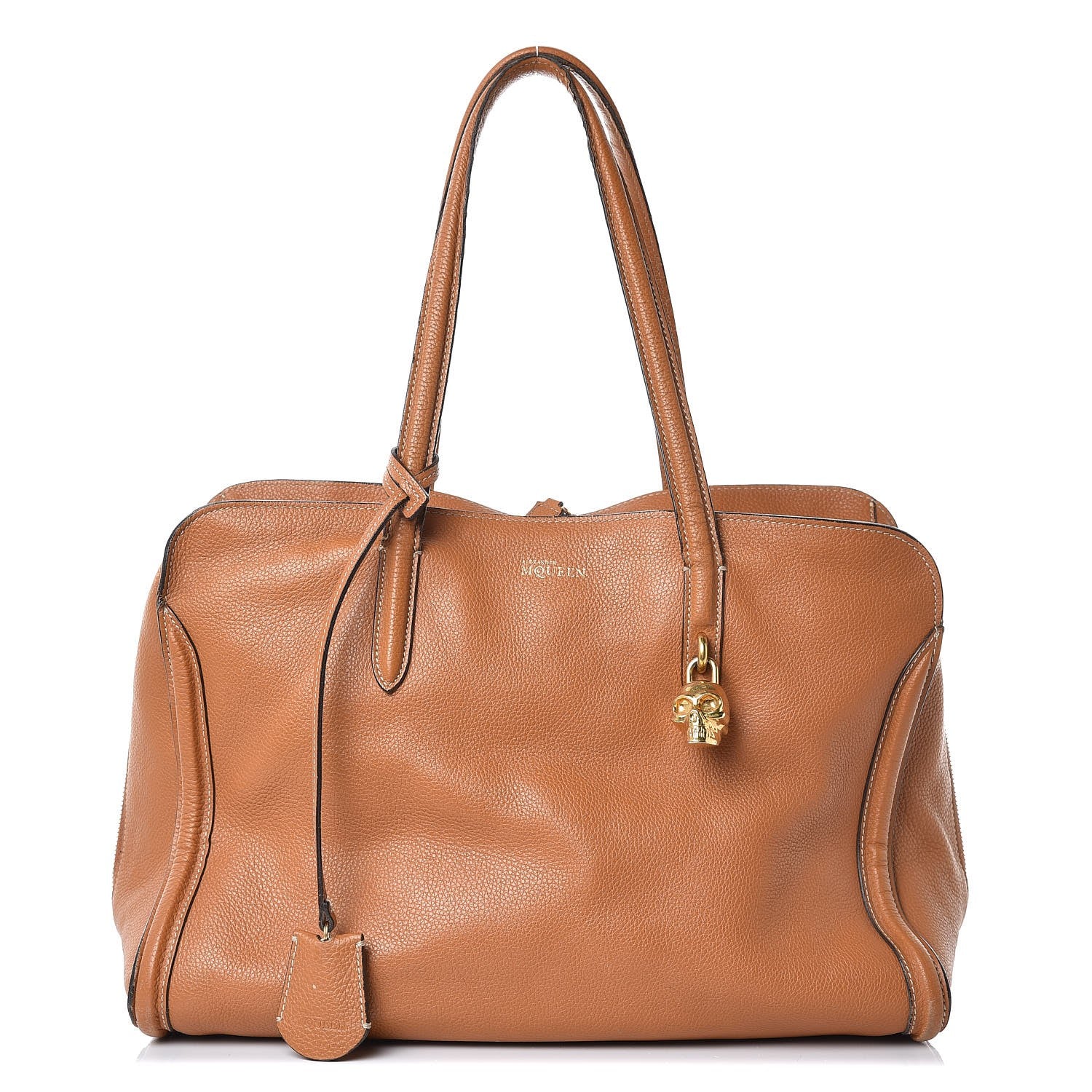 Alexander McQueen Pebbled Calfskin Large Skull Padlock Zip Around Tote Camel 1 of 24