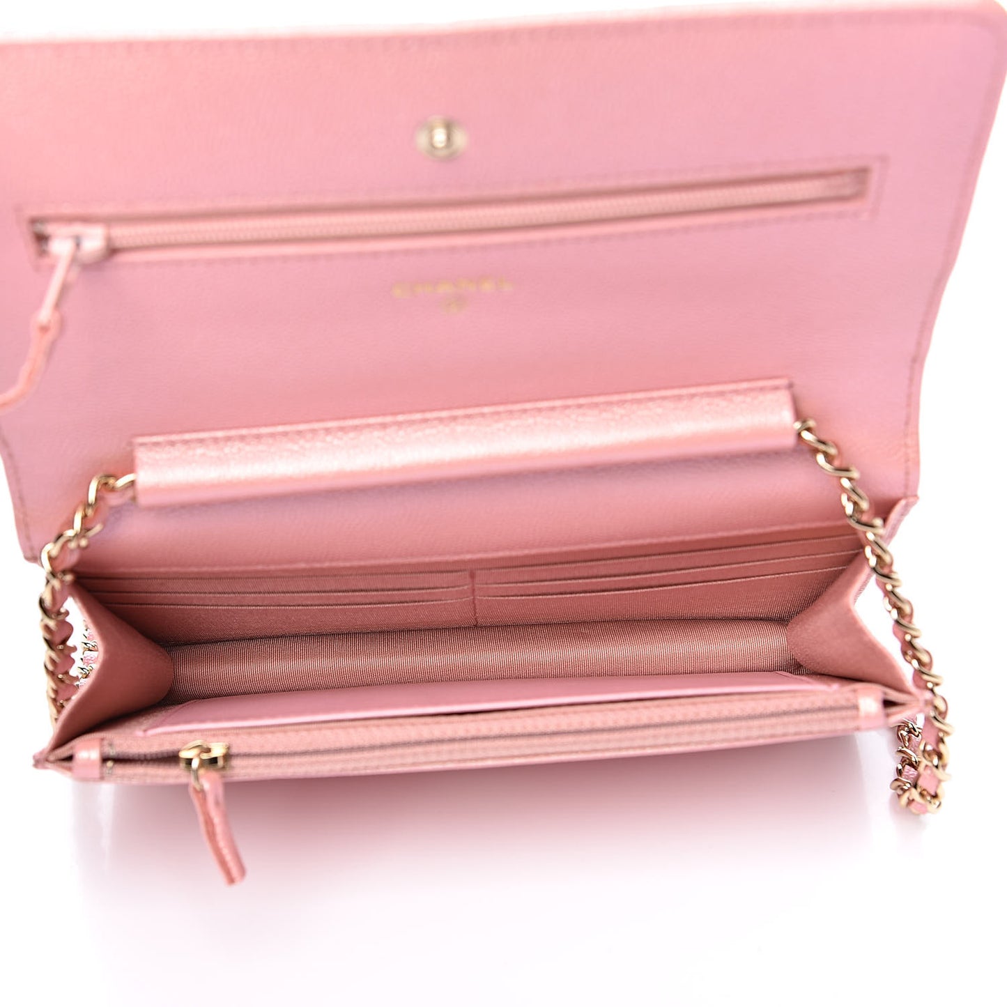 Iridescent Caviar Quilted Wallet on Chain WOC Rose Pink