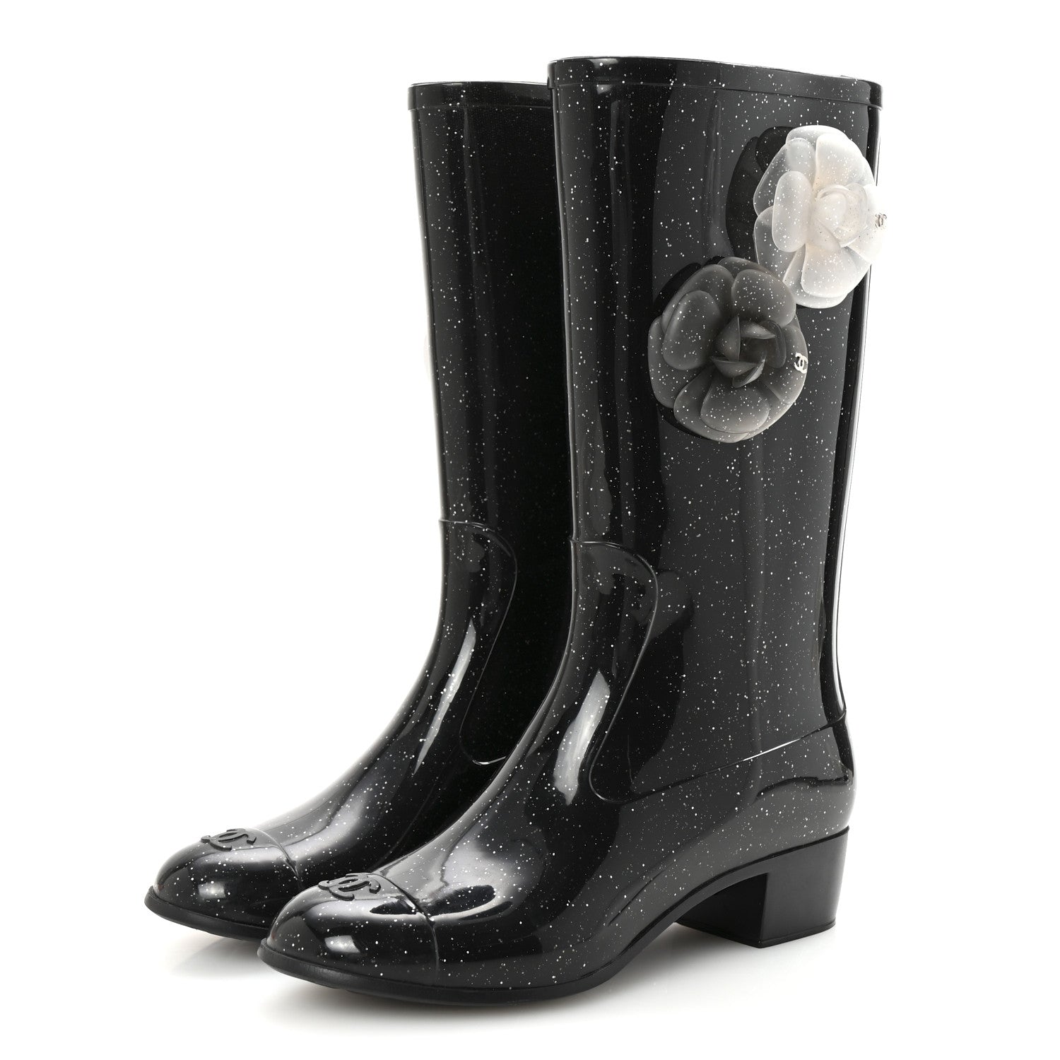Chanel Rubber Glitter Camellia Rain Boots 37 Black 4 of 8