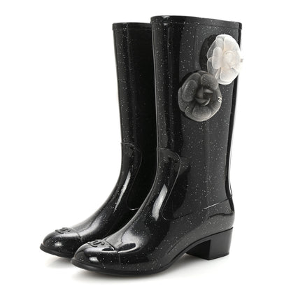 Chanel Rubber Glitter Camellia Rain Boots 37 Black 4 of 8
