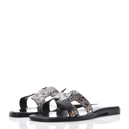 Hermes Silk Printed Equateur Tattoo Oran Sandals 35 Black 3 of 9