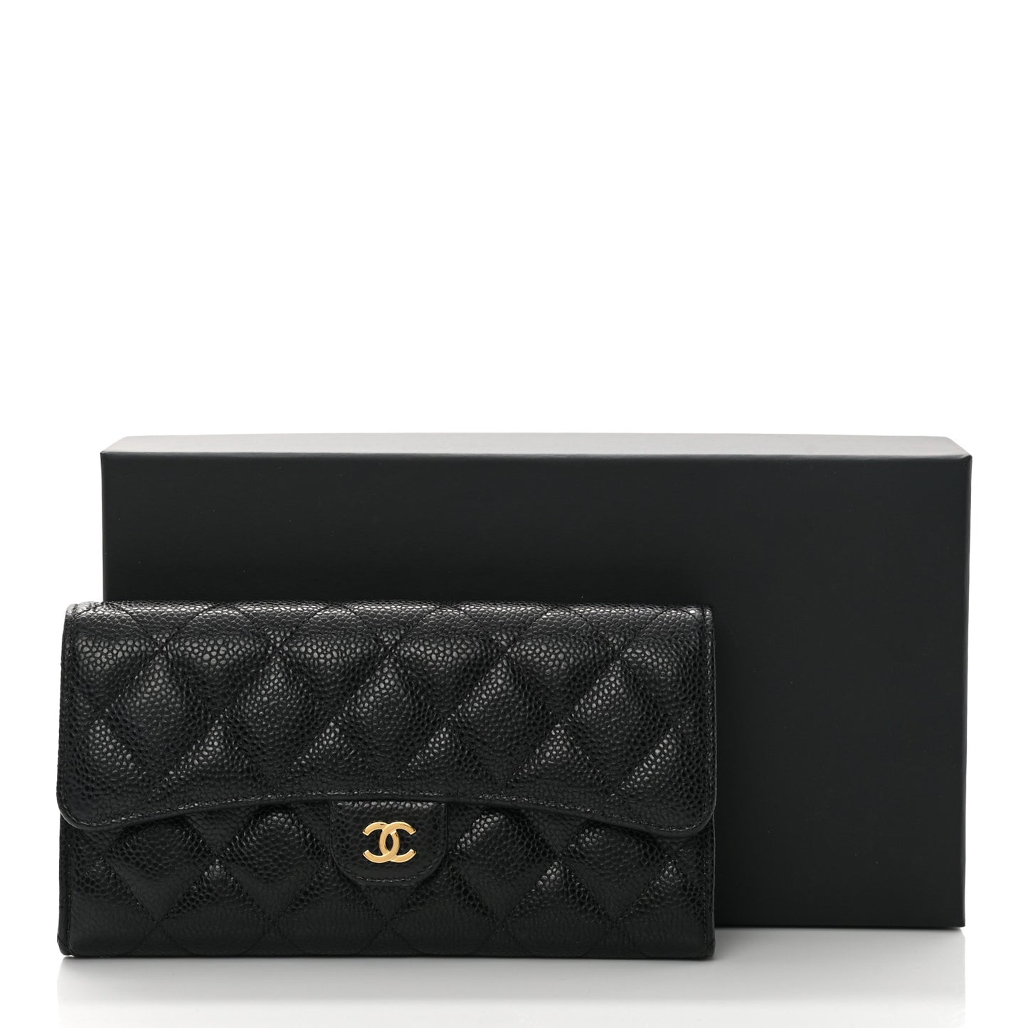Caviar Quilted Large Gusset Flap Wallet Black