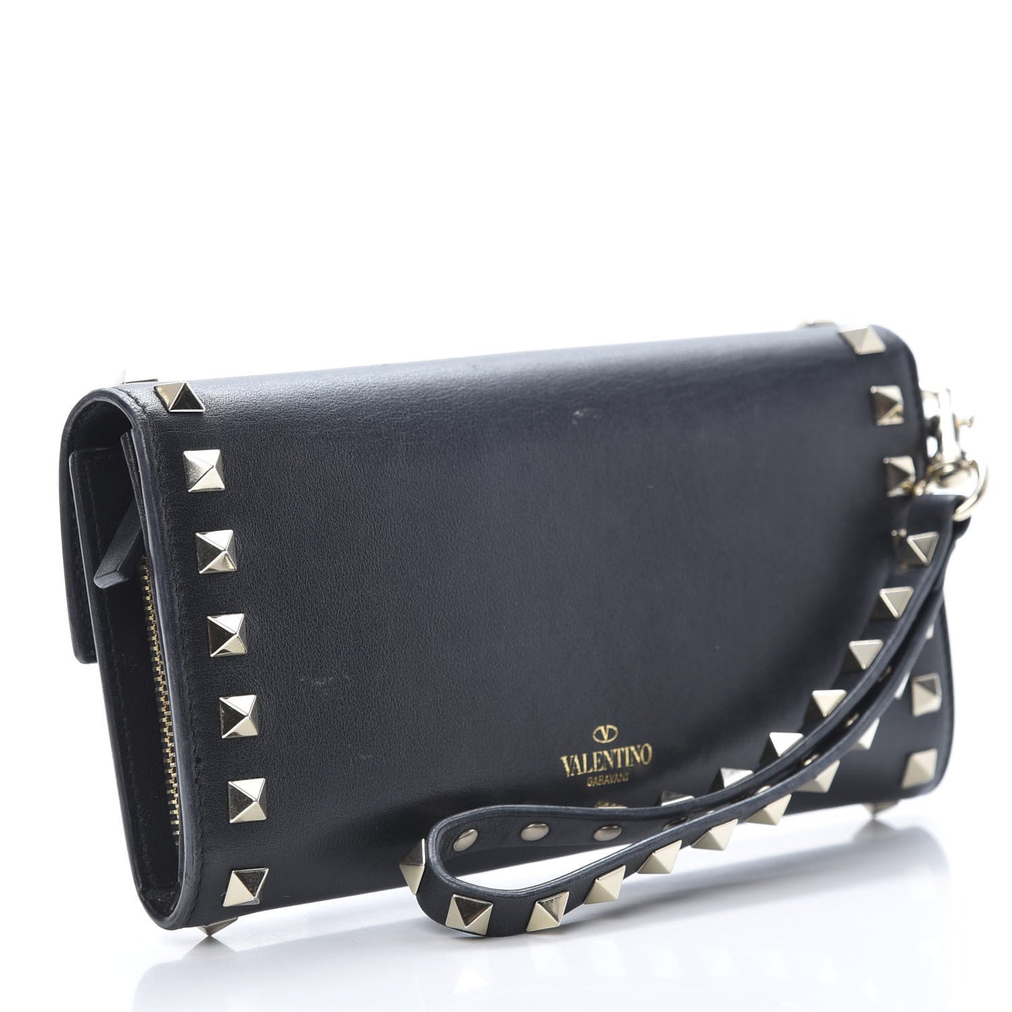 Calfskin Rockstud Wristlet Travel Wallet Black