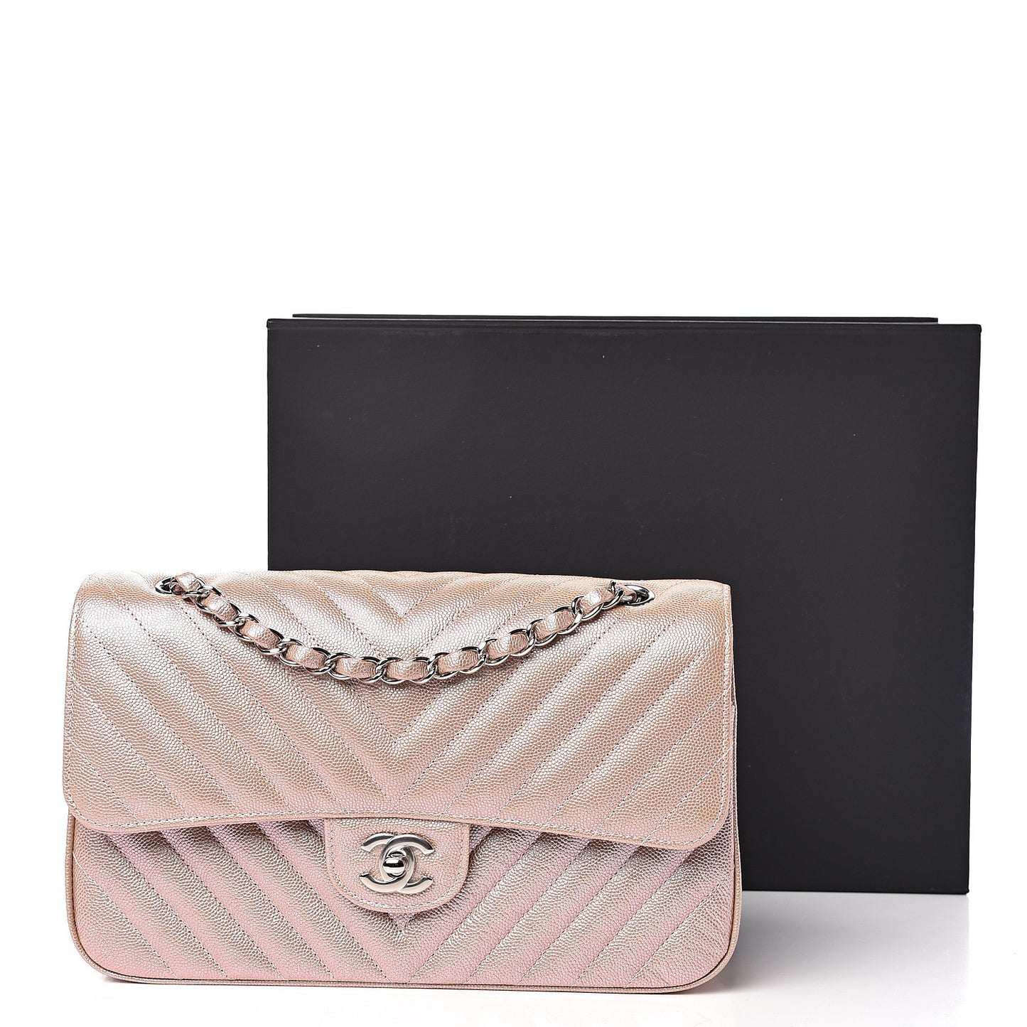 Metallic Caviar Chevron Quilted Medium Double Flap Light Gold